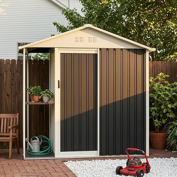 6'x4' Outdoor Storage Shed with External Rack and Shelves, Heavy Duty Metal 2-in-1 Garden Tool Buliding Shed with 1.3'x3.7' Open Side Storage Area for Bike, Lawn, Patio, Backyard