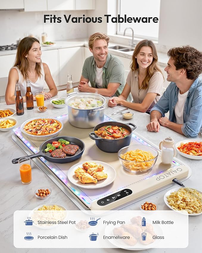 Gaiatop Warming Mat for Food with Trivet & Light, Food Warming Mats for Countertop, 6 Temp Level, 6 Timer Settings, Full-Surface Fast Heating, Portable Silicone Food Warmer for Parties Buffet