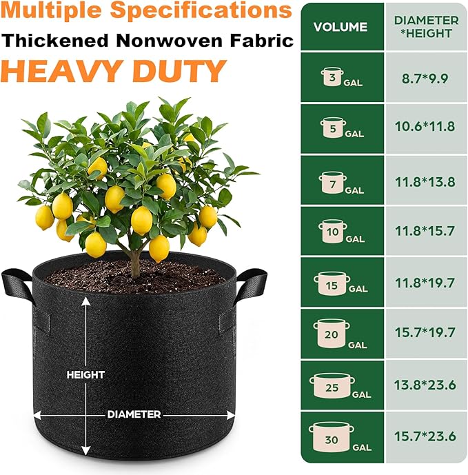 Songrey Grow Bags 5 Gallon 5 Pack, Thickened Nonwoven Fabric Pots with Handles, Heavy Duty Garden Planter for Tomato, Vegetables and Flower