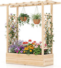 Raised Garden Bed with Trellis, Wood Planter Box w/Trellis, Hanging Roof, Drainage Holes, Freestanding Planter Raised Bed for Outdoor Climbing Plants Flowers, Patio Yard Balcony (1, Natural)