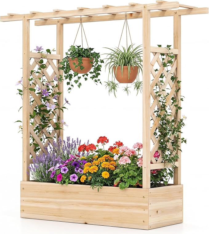 Raised Garden Bed with Trellis, Wood Planter Box w/Trellis, Hanging Roof, Drainage Holes, Freestanding Planter Raised Bed for Outdoor Climbing Plants Flowers, Patio Yard Balcony (1, Natural)