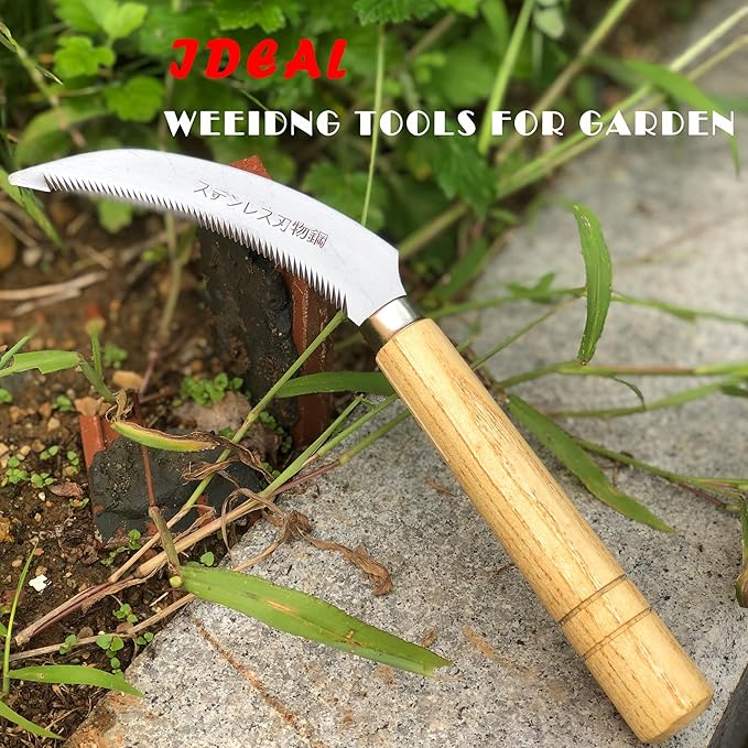 Grass Sickle with Sawtooth Japanese Weeding Hoe Garden Hand Tool Weeding Tools for Garden High-Strength Steel with Solid Wood Handle (Brown)