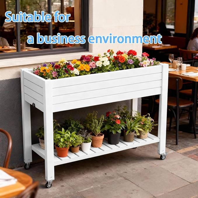 43" Elevated Garden Bed with Wheels & Legs, 78L/21 Gal Large Raised Planter Box with Drainage & Water Level Indicator, Mobile Herb Garden Kit for Patio & Balcony, Grayish-White
