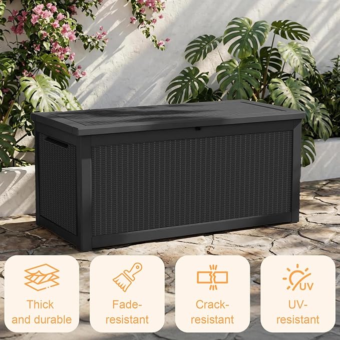 320 Gallon Outdoor Storage Deck Box Waterproof Resin Lockable Outside Bench Porch Patio Furniture Pool Float Garden Tool Cushion UV Resistant Bin Black