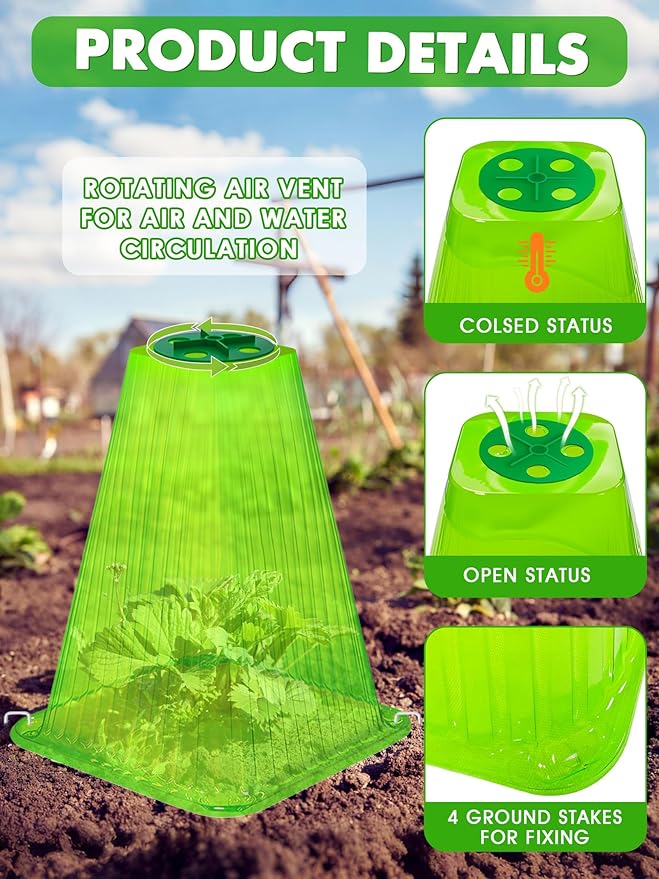 20 Pack Garden Cloches for Plants,9.4" H X 7.8" D Reusable Bell Plant Protector with 40 Ground Stakes and Rotary Vent Cover,Plant Covers Freeze Protection from Animals Snails Birds Chickens (Green)