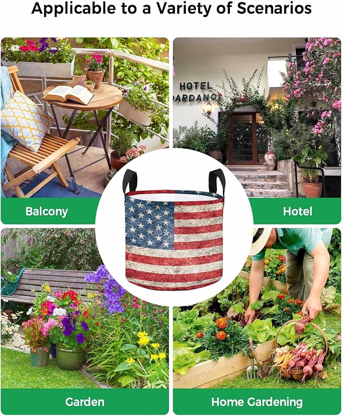 10 Gallon Grow Bags Planter Bag, Independence Day Vintage USA Flag Red Stripe Fabric Plant Pots with Handle,Flower Grow Bag for Vegetable Potato Tomato, Patriotic Star on Blue Gardening Bags