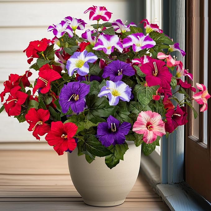 19 Inch Artificial Fake Flowers for Outdoor,4 Pcs Faux Silk Petunias Spring Flowers for Outside for Indoor Porch Planter Front Door Garden Patio Window Box Home Decor(Multiple Color)