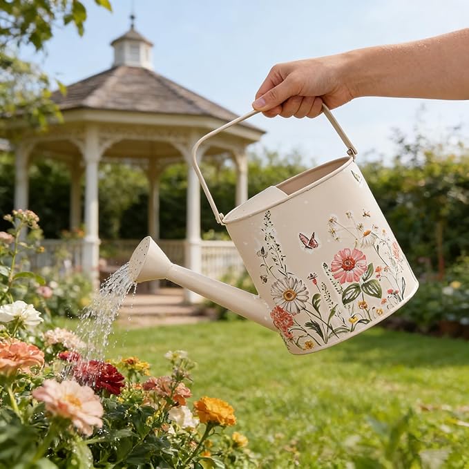 Metal Watering Can Flower Pot with Handle Rustic Farmhouse Water Can for Indoor Outdoor Garden Plants Watering (Pink)