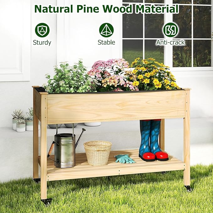Giantex Mobile Raised Garden Bed, Wood Planter Box with Wheels, Storage Shelf & Liner, 47”x23”x33” Rolling Raised Bed for Indoor Outdoor Plants, Vegetables Flower Herbs Fruit Gardening