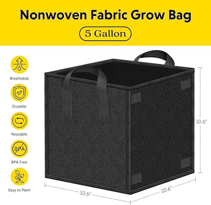 YSSOA 5-Pack 5 Gallon Grow Bags Heavy Duty Thickened Nonwoven Aeration Fabric Pots with Handles, Cloth Pots for Plants, Vegetable, Flower, Tomato Potato