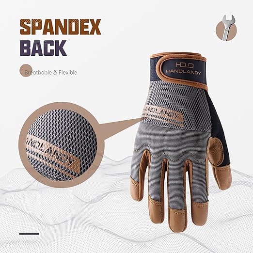 HANDLANDY Leather Work Gloves Mens & Women, Utility Safety Mechanic Working Gloves Touch Screen, Flexible Breathable Yard Work Gloves (X-Large, Brown-Cowhide Palm, Pack of 3)