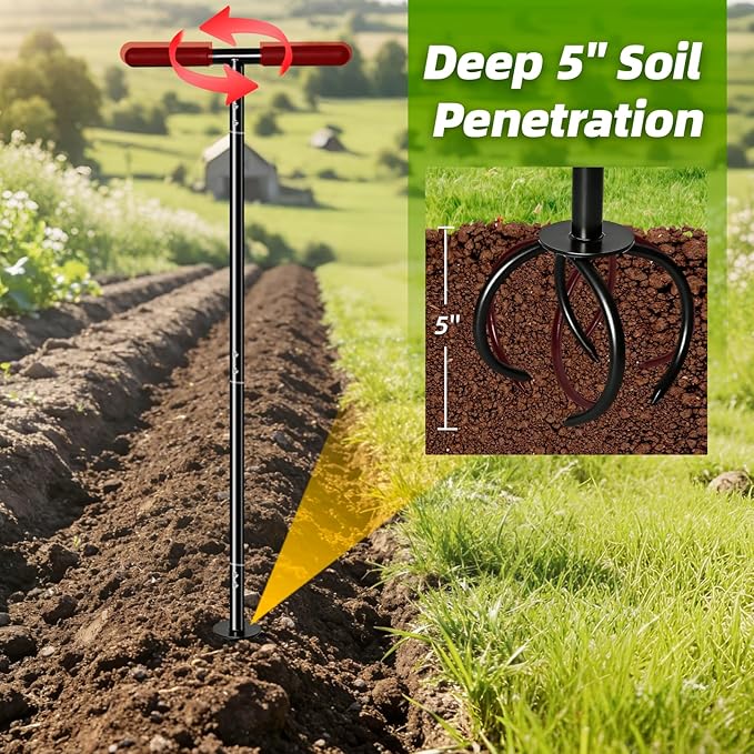 Amorest Heavy Duty Hand Tiller for Gardening, Long Handle Garden Claw Twist Tiller, Manual Soil Cultivator & Lawn Aerator for Raised Beds & Vegetable Garden – Powder-Coated Steel, Rust Resistant