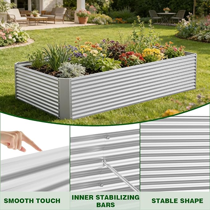 4 Pcs 8 x 4 FT Galvanized Steel Raised Garden Bed, Outdoor Planter Box for Easy DIY & Clean - Large Metal Garden Beds for Backyards, Terraces & Balconies