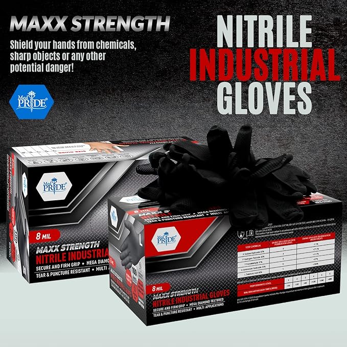 MED PRIDE Maxx Strength Nitrile Industrial Black, 8 Mil Thick - Diamond Texture Disposable Heavy-Duty, Tear-Resistant