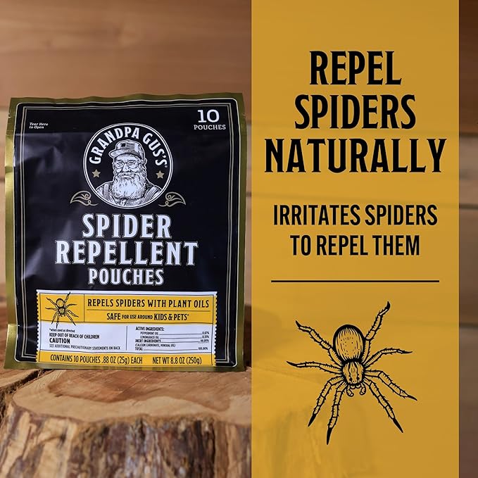 Grandpa Gus's Spider Repellent Pouches (10 Pouches) and Natural Ant, Roach & Spider Killer Spray (16 oz Bottle), Natural Formula Drives Crawling Insects Away, Safe for Use at Home, Cabin, RV & More