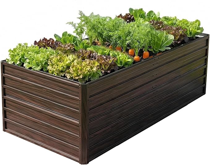 Galvanized Raised Garden Beds 6x3x2FT Outdoor Planter Boxes with Safety Edging and Gloves Metal Garden Bed Kit for Vegetables Flower and Fruits (Brown Wood Grain