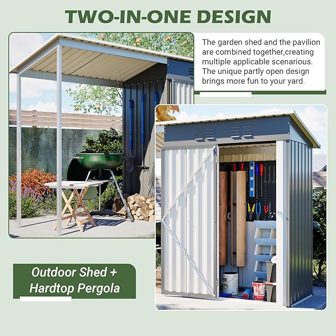 Waterproof 9.6'x2.3' Storage Shed with Gazebo Porch, Heavy Duty 2-in-1 Lean-to Tool Storage Garden House with 5'x2.3' Open Shed, Lockable Door for Patio, Backyard, Lawn, Metal, Gray