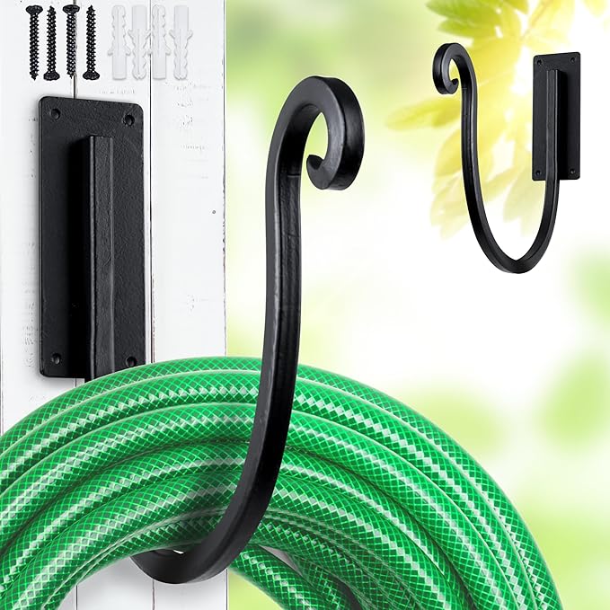 Hose Holders Wall Mount （Metal/8-Inch） Heavy-Duty Garden Hose Hangers Outdoor, Hand-Forged Hose Racks Mount, 2PCs