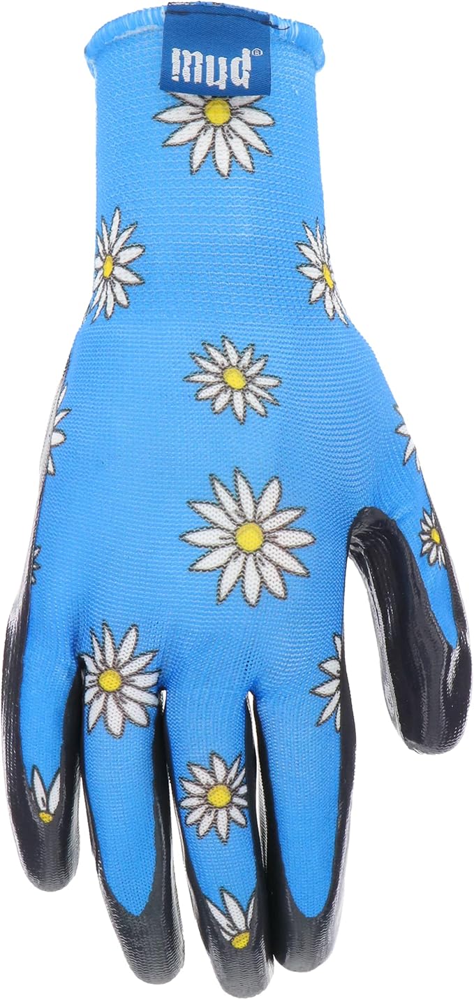 Mud Grip Women's Daisy Printed Polyester Shell and Flat Nitrile Coated Palm Gardening Gloves,
