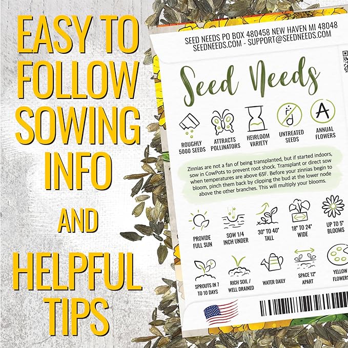 Seed Needs Zinnia Seeds Canary Bird Yellow Variety Fast Blooming | 5,000+ Heirloom & Open Pollinated Seeds | Annual Cut Flowers Large Blooming | Bulk