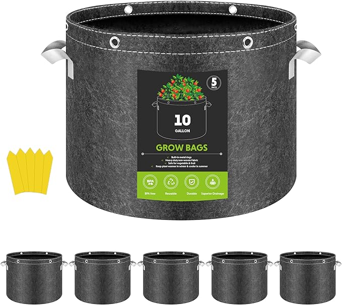InfiniPower 10 Gallon 5 Pack Plant Grow Bags, 400G Thick Nonwoven Fabric Pots with Multi-Purpose Rings and Handles, Reusable for Low Stress Plant Training Fruits, Vegetables and Flowers