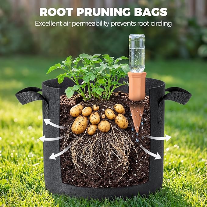5-Pack 10 Gallon Grow Bags for Potato Tomatoes Vegetables, 5 Pack Terracotta Plant Self-Watering Stake Spike for Outdoor Indoor Plants, 300g Heavy Duty Thickened Nonwoven Fabric Cloth Pot Planting Bag