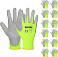 Safety Work Gloves for Men PU Coated 12 Pairs Bulk Pack,Hi-Vis Yellow Seamless Knit Glove with thin Polyurethane Coated Smooth Grip on Palm & Fingers,Ideal for General Duty Work (Small)