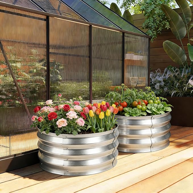 Round Metal Raised Garden Bed 2 Pack with Fabric Liners, 2 ft × 2 ft × 1 ft, Outdoor Planters for Backyard, Patio & Garden (Silver)