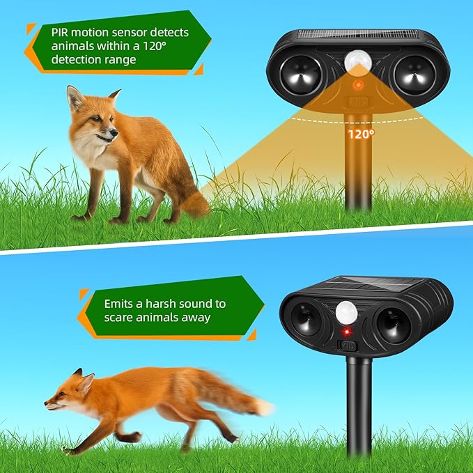 2026 Upgraded Solar Ultrasonic Animal Repellent Deer Repellent Devices Cat Deterrent Outdoor with Motion Sensor Dog Deterrent Keep Raccoon Squirrel Skunk Rabbit Away from Yard Lawn Garden 2 Pack