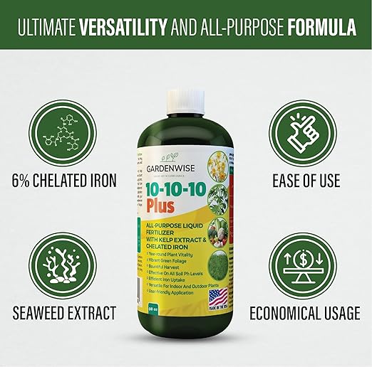 GARDENWISE 10-10-10 Fertilizer & 20-20-20 Water Soluble Fertilizer Bundle for All Purpose Plants - Liquid Fertilizer with Seaweed Kelp & Iron - Plant Food Outdoor & Indoor Plant Food, 8oz & 1/2 Quart