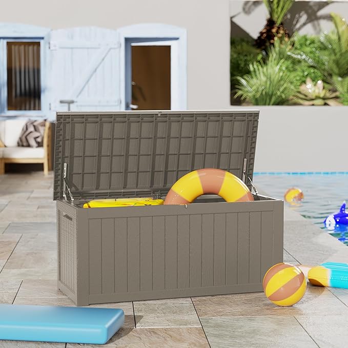 Outdoor Storage Box Waterproof, 270 Gallon Lockable Resin Deck Box Large, Patio Storage Bin for Pool Accessories Cushion Furniture, Garden Tools, UV-Resistant Outside Delivery Grey