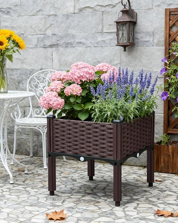 zeng Elevated Raised Garden Bed Planter with Drainage Holes – Reinforced PP Material, 15.7”x15.7”x15” for Vegetables, Flowers, Herbs – Patio, Deck, Balcony (1 Set)