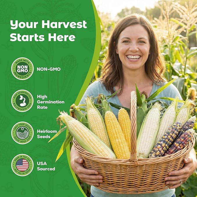 4 Corn Seeds Variety Pack - 200+ Non-GMO & Heirloom Corn Seeds for Planting Outdoor, Includes Sweet Corn, Golden Bantam,Silver Queen & Glass Gem Corn, Perfect Home Garden Gift for Beginners, Mom, Her