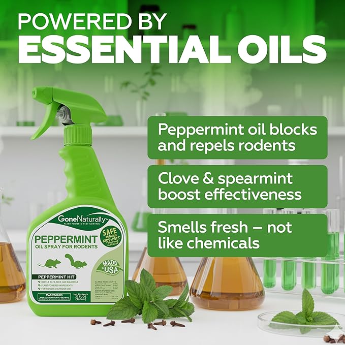 Peppermint Oil Rodent Repellent Spray — Pet & Kid Safe — Indoor/Outdoor Mouse, Rat & Squirrel Deterrent for Home, Garage, Attic, RV & Car Engines (32oz)