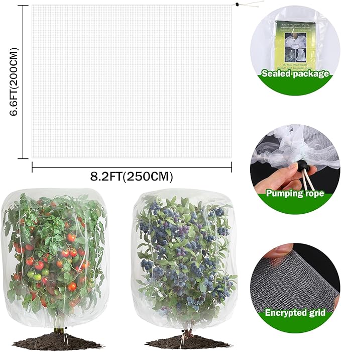 2 PCS Large Fruits Tree Netting Cover for Garden, 6.6 x 8.2 ft Insect Bird Barrier Deer Netting Cover Bag with Drawstring Garden Plant Netting for Tomato Blueberry Bush Netting Covers