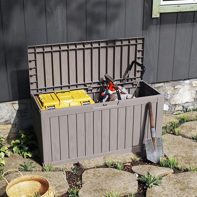 Outdoor Storage Box Waterproof with Wheels, 76 Gallon Lockable Resin Deck Box Patio Storage Bin for Pool Accessories Cushion Furniture, Garden Tools, UV-Resistant Outside Delivery Grey