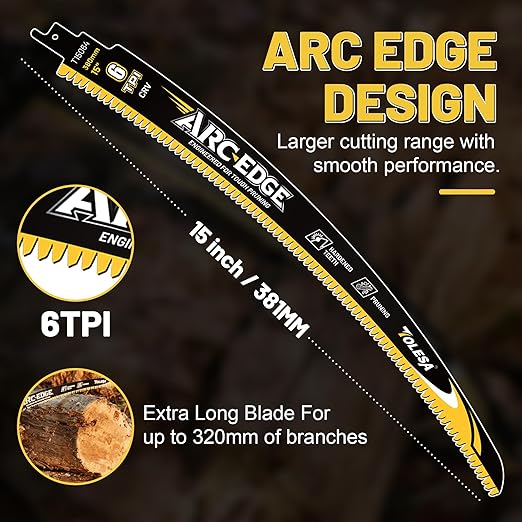 TOLESA 15in. Japanese Teeth Reciprocating Saw Blade, Arc Edge Wood Pruning Saw Blades 6TPI for Tree Trimming, Wood Cutting, Durable & Sharp, 3 Pieces