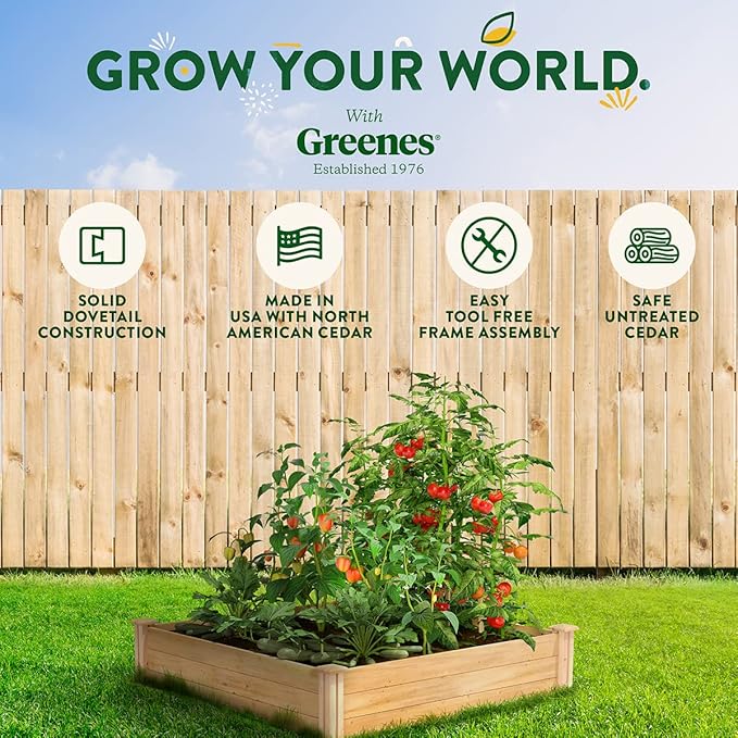 Greenes Fence Classic Cedar Raised Garden Bed, 4' x 4' x 10.5" (1/2" Thick) - Made in USA with North American Cedar