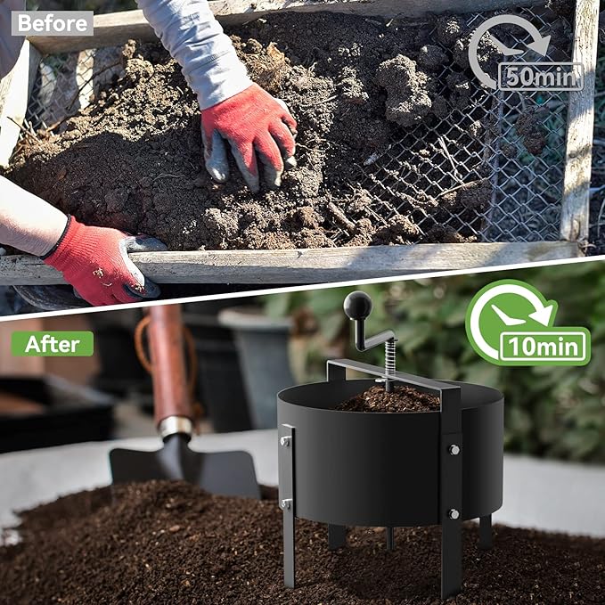 Rotary Soil Sifter Compost Sieve Garden Potting Sifting Mesh Rock Sand Dirt Sieve, 13" Sifting Filter with 1/5 Inch Mesh Sifting
