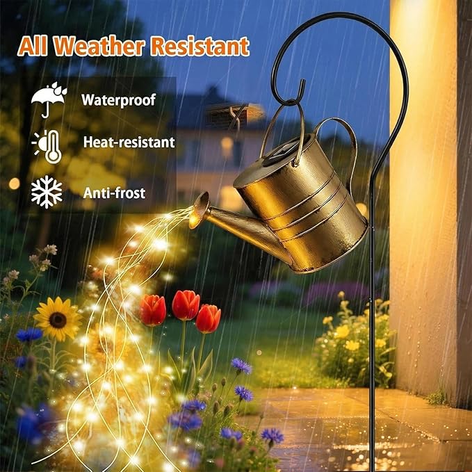 Solar Watering Can with Cascading Warm White Fairy Lights Outdoor Garden Decor Waterproof Metal Fountain Yard Patio Lawn Ornament