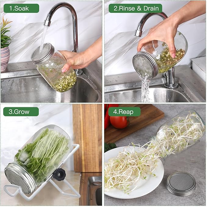 Sprouting Lids Growing Kit - 316 Stainless Steel Sprouting Lids for 86mm Wide Mouth Mason Jar with Adjustable White Stands - Organic Sprouts, Broccoli, Alfalfa Mung Bean Sprout Kit (Set of 4)