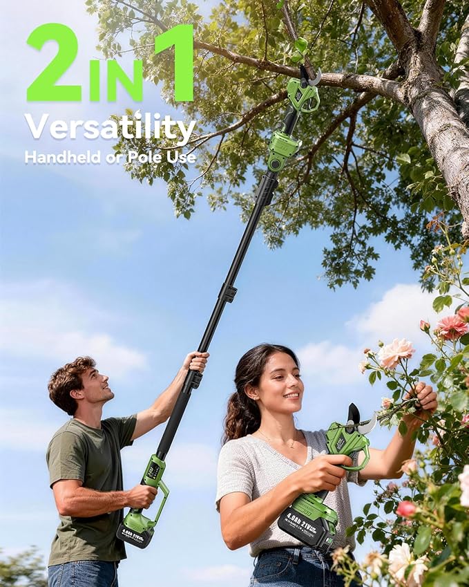 J-KU Electric Pruning Shears Cordless: 2-in-1 Electric Tree Pruner with Extension Pole, 21V 2×4000mAh Battery Powered, 1.4" Cutting Diameter, Brushless Pole Pruner Branch Cutter for Tree Trimmer