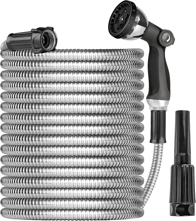 Metal Garden Hose 25ft Heavy Duty Stainless Steel Water Hose with Sprayer & Metal Fittings Flexible Lightweight Hose Puncture Proof Hose for Yard, Outdoors, Rv