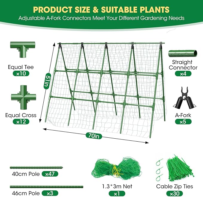 71" x 51" Cucumber Trellis for Raised Bed, A-Frame Garden Trellis for Climbing Plants Outdoor, Rust-Proof Metal Support for Tomato, Peas, Beans, Zucchini & Vines, with Netting & Clips