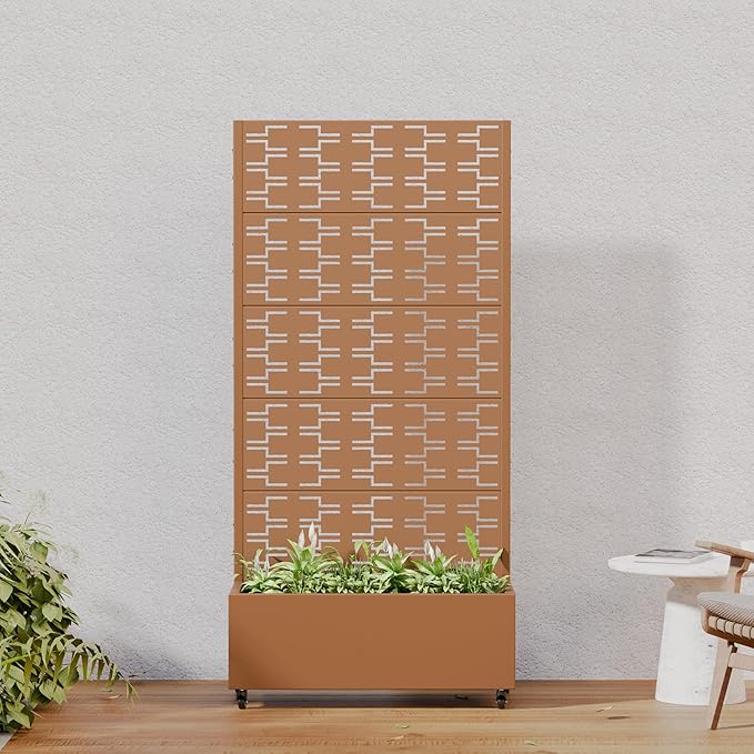 Casaphoria Metal Raised Garden Bed with Trellis and Wheels, 72"x35"x16" Planter Box for Climbing Plants, Vegetables & Vines, Features Drainage Holes and Privacy Screen, Brown-Brick