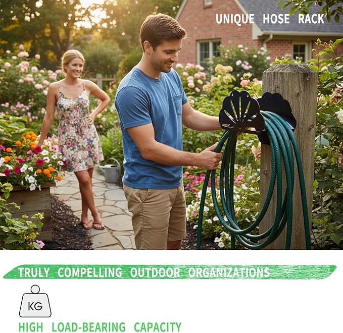 Hose Rack - Garden Hose Holder - Outdoor Hose Organizer - Aluminum Hose Rack - Weather-Resistant Outdoor Hose Storage - Wall-Mounted Hose Storage Solution (Black)