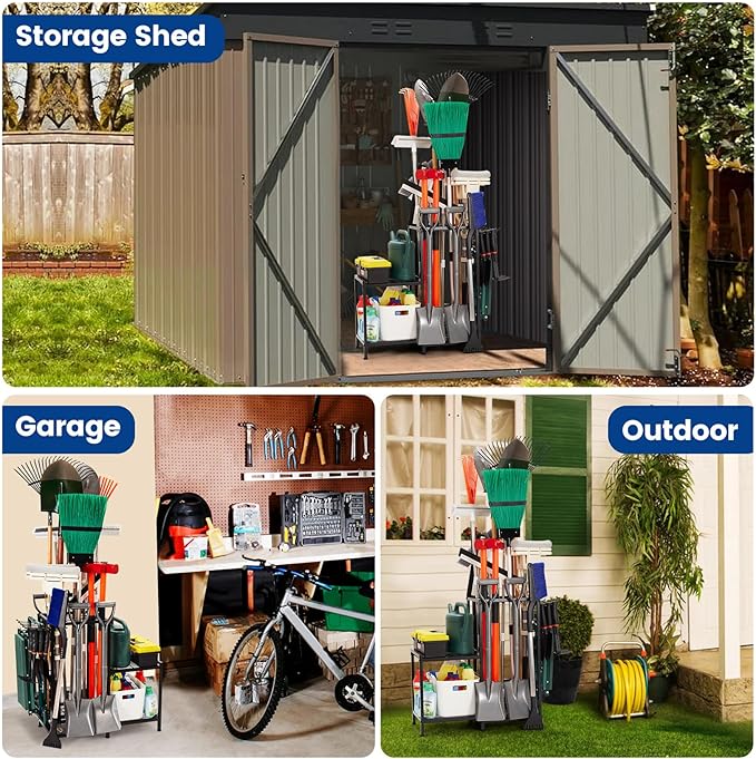 Garden Tool Organizer with 2-Tier Steel Shelves, Holds 50 Long-Handled Tools/Rakes/Brooms/Shovles for Garage Organization and Storage, Shed, Outdoor, Lawn, Heavy-Duty Steel, Black, Easy Assembly