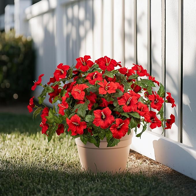 19 Inch Artificial Fake Flowers for Outdoor,4 Pcs Red Faux Silk Petunias Spring Flowers for Outside for Indoor Porch Planter Front Door Garden Patio Window Box Home Decor