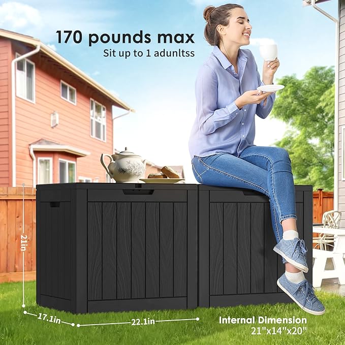 Vixzen 30 Gallon Resin Deck Box - Lockable Outdoor Storage for Patio Cushions, Garden Tools, Pool Supplies（Black，30 Gallon）