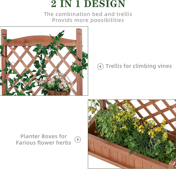 Raised Garden Bed with Trellis Set of 2, Outdoor Wood Planter Box & Plant Stand with Climbing Racks